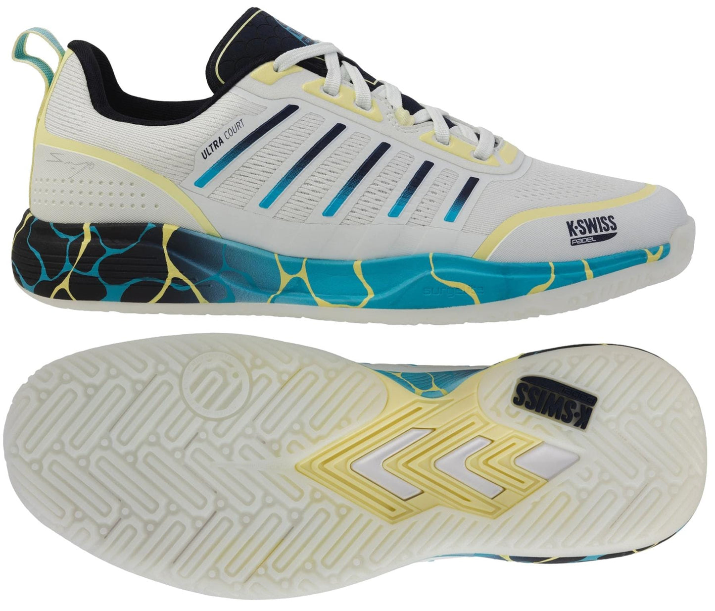 The K-Swiss Ultra Court Men's Padel Shoes in Bit Of Blue/Sanyo Navy/Sanyo Blue feature a patterned cushioned midsole, mesh upper, and a sole with textured, non-marking outsole and blue/yellow details.