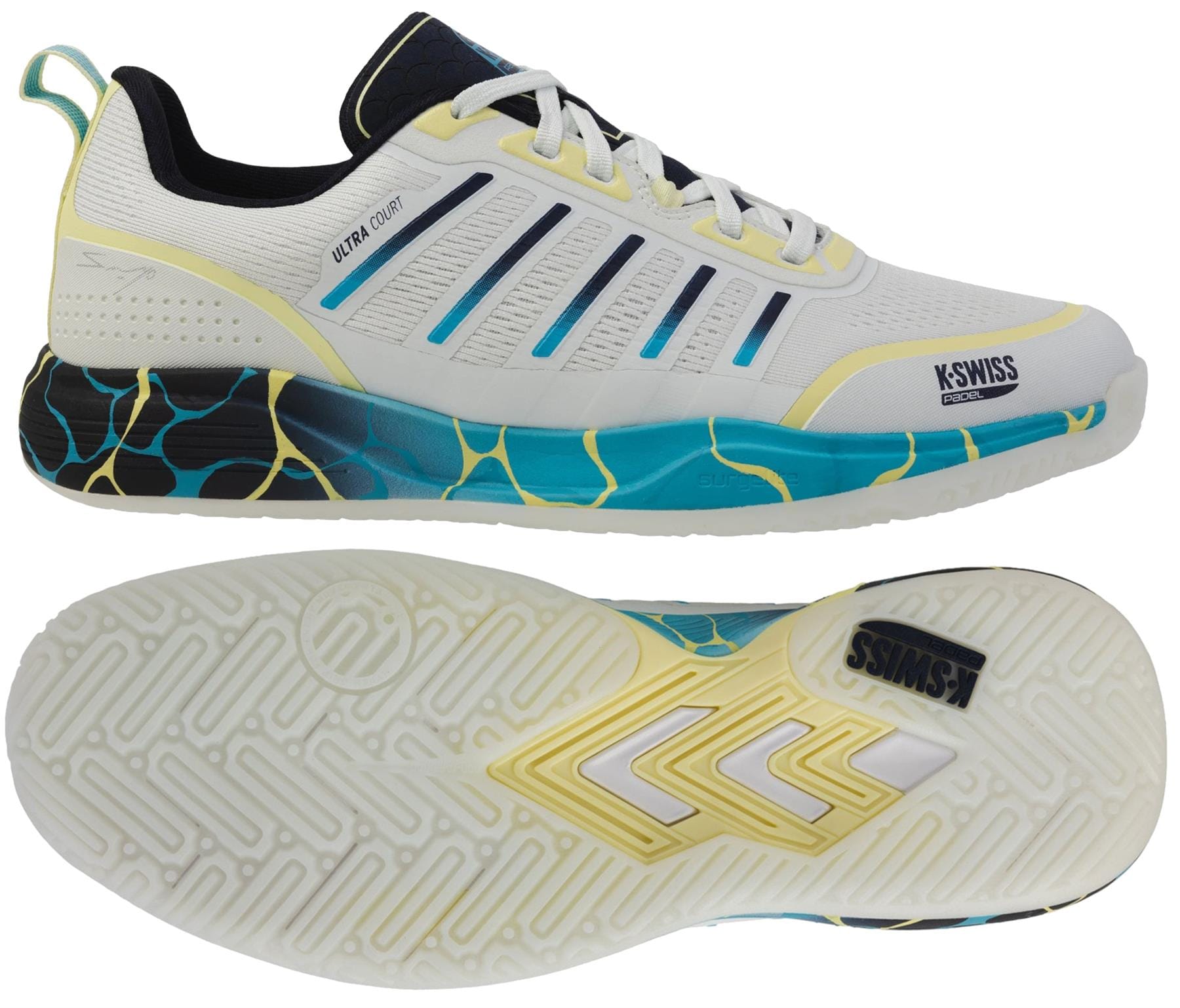The K-Swiss Ultra Court Men's Padel Shoes in Bit Of Blue/Sanyo Navy/Sanyo Blue feature a patterned cushioned midsole, mesh upper, and a sole with textured, non-marking outsole and blue/yellow details.
