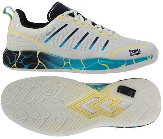 The K-Swiss Ultra Court Men's Padel Shoes in Bit Of Blue/Sanyo Navy/Sanyo Blue feature a patterned cushioned midsole, mesh upper, and a sole with textured, non-marking outsole and blue/yellow details.