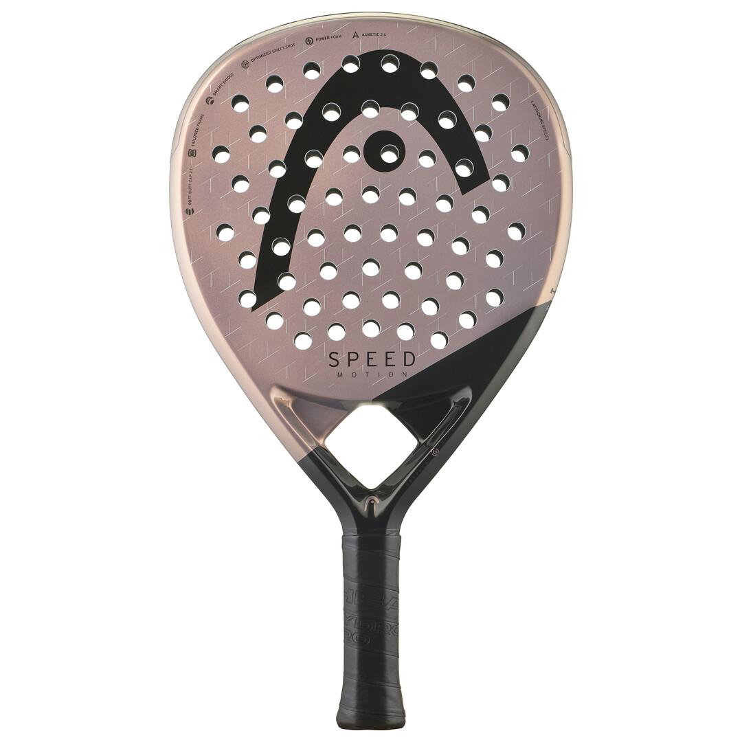 The HEAD Speed Motion 2025 Padel Racket in copper and black features the logo on its head, a perforated design for enhanced play, and a Power Foam core to boost your game. The black handle provides a firm grip for swift swings.