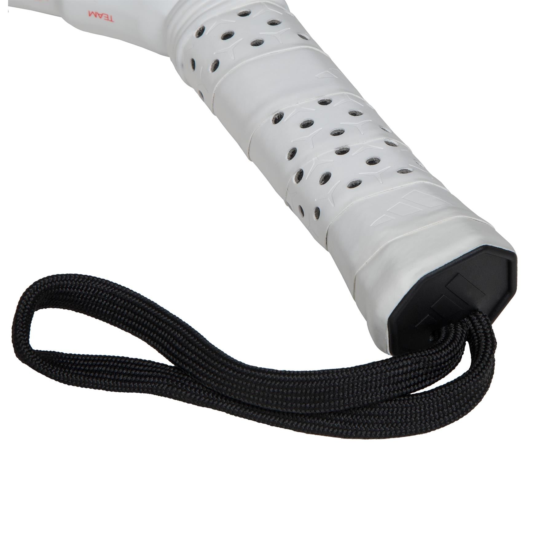 The ADIDAS Metalbone Team 3.4 Padel Racket in Black/Red features a white handle with black ventilation holes and a secure black cord loop. Its textured grip enhances ergonomic design, ideal for advanced players seeking precision and comfort.