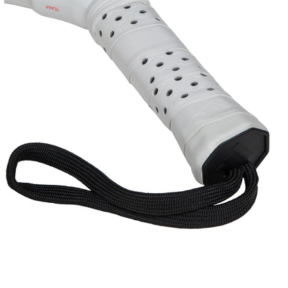The ADIDAS Metalbone Team 3.4 Padel Racket in Black/Red features a white handle with black ventilation holes and a secure black cord loop. Its textured grip enhances ergonomic design, ideal for advanced players seeking precision and comfort.