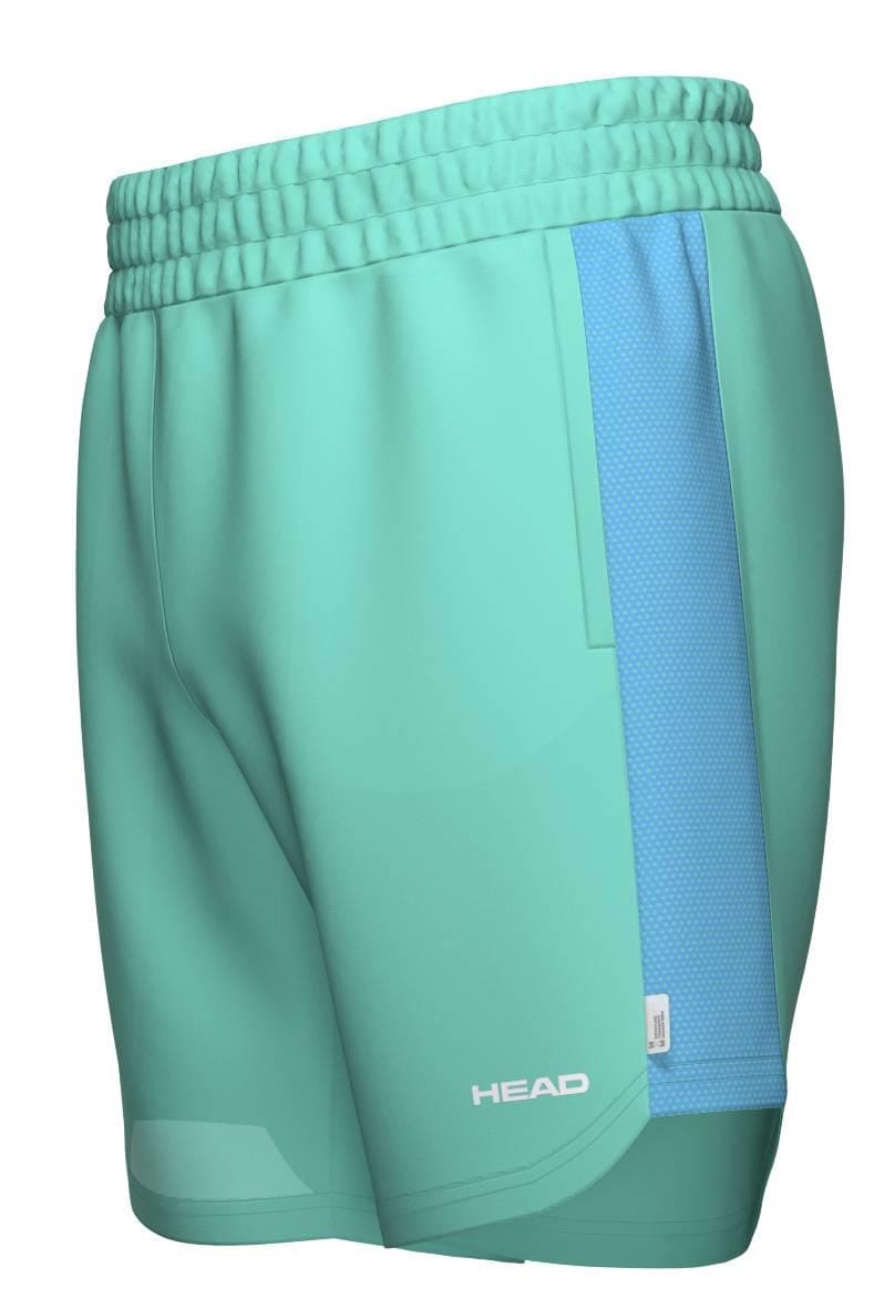 HEAD Power Men's Padel Shorts in turquoise feature a wide elastic waistband, light blue mesh side panel for comfort, and "HEAD" printed in white near the left hem.