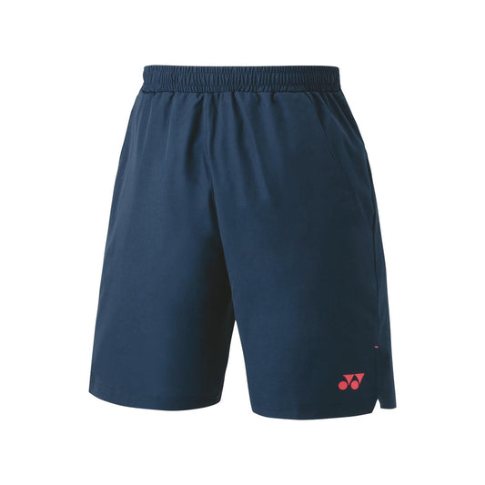 The Yonex 15165 Men's Padel Shorts in Indigo Marine showcase an elastic waistband and convenient pockets. Featuring VeryCool technology for UV reduction, these shorts are finished with a small red logo on the lower front side for added style.