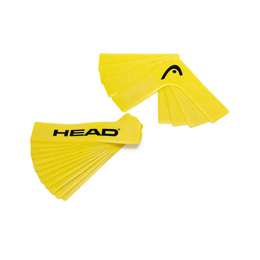 HEAD Padel Court Lines / Edges, branded with "HEAD" in yellow, are displayed in two fanned-out sets, resembling visible markers on a padel court during an intense fitness exercise.