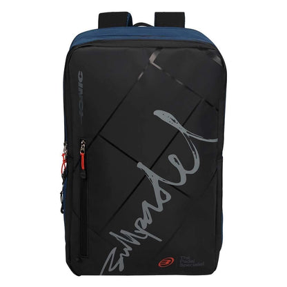 The Bullpadel BPM26008 IONIC Padel Backpack in black features geometric patterns, a large silver script, small logo with "The Bag Specialist" below, and blue straps—an ideal choice for style and function from Bullpadel.