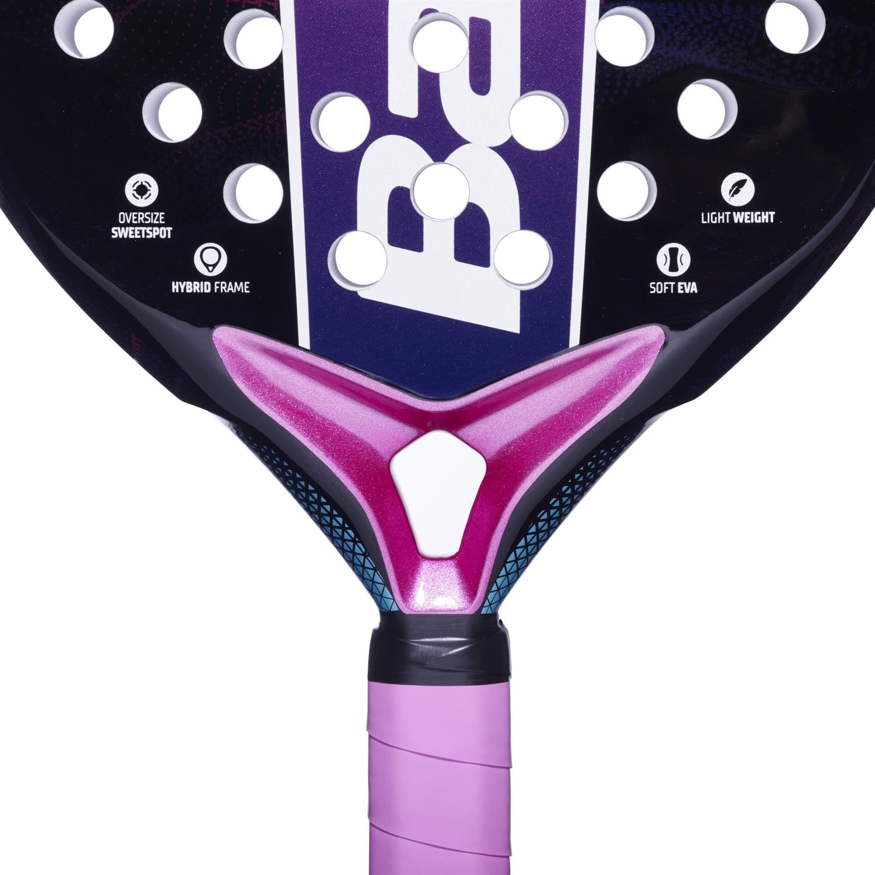 Close-up of the Babolat Stima Vita Padel Racket by Babolat in black and purple, featuring an oversize sweetspot, hybrid frame, lightweight build, and soft EVA on the paddle’s face.