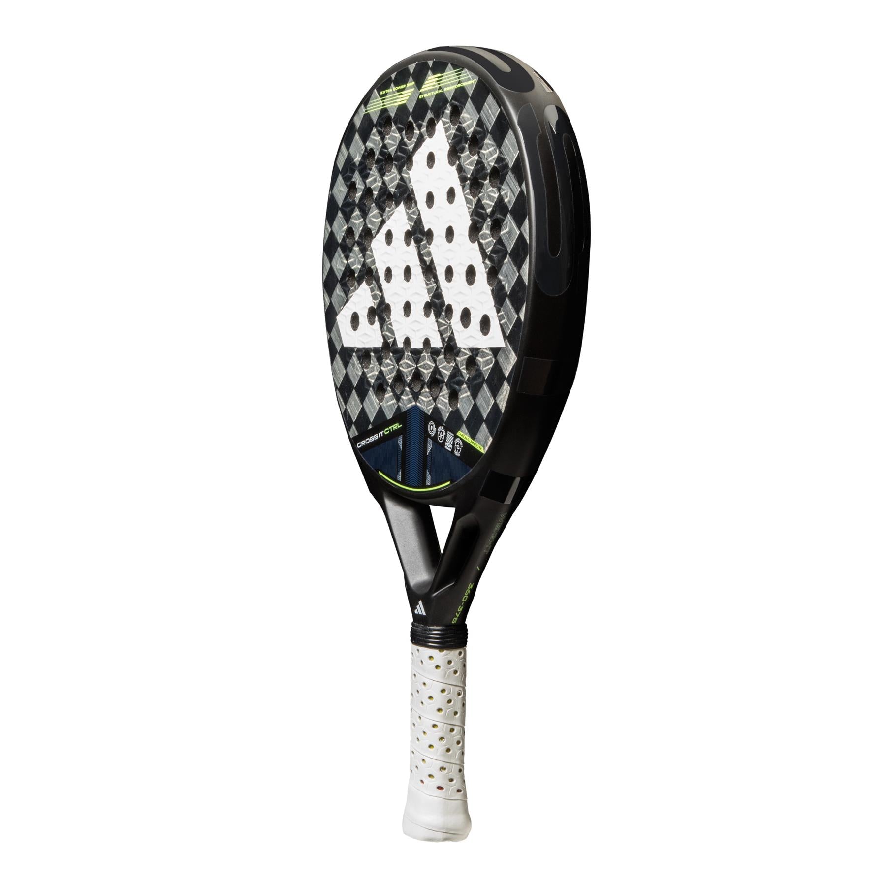 The ADIDAS Cross It CTRL 3.4 Padel Racket features a black and grey checkered pattern with a prominent logo, ideal for advanced players seeking control. Its Carbon 15K face and green accents complement the white grip with black dots on the handle for precision handling.