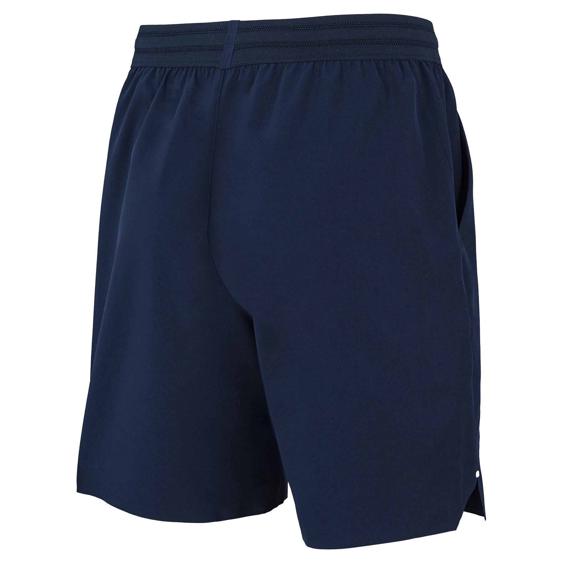 Tecnifibre Team Stretch Mens Padel Shorts in marine blue, shown from the back and side, feature a relaxed fit, elastic waistband, and smooth lightweight fabric—ideal for sports or casual wear.