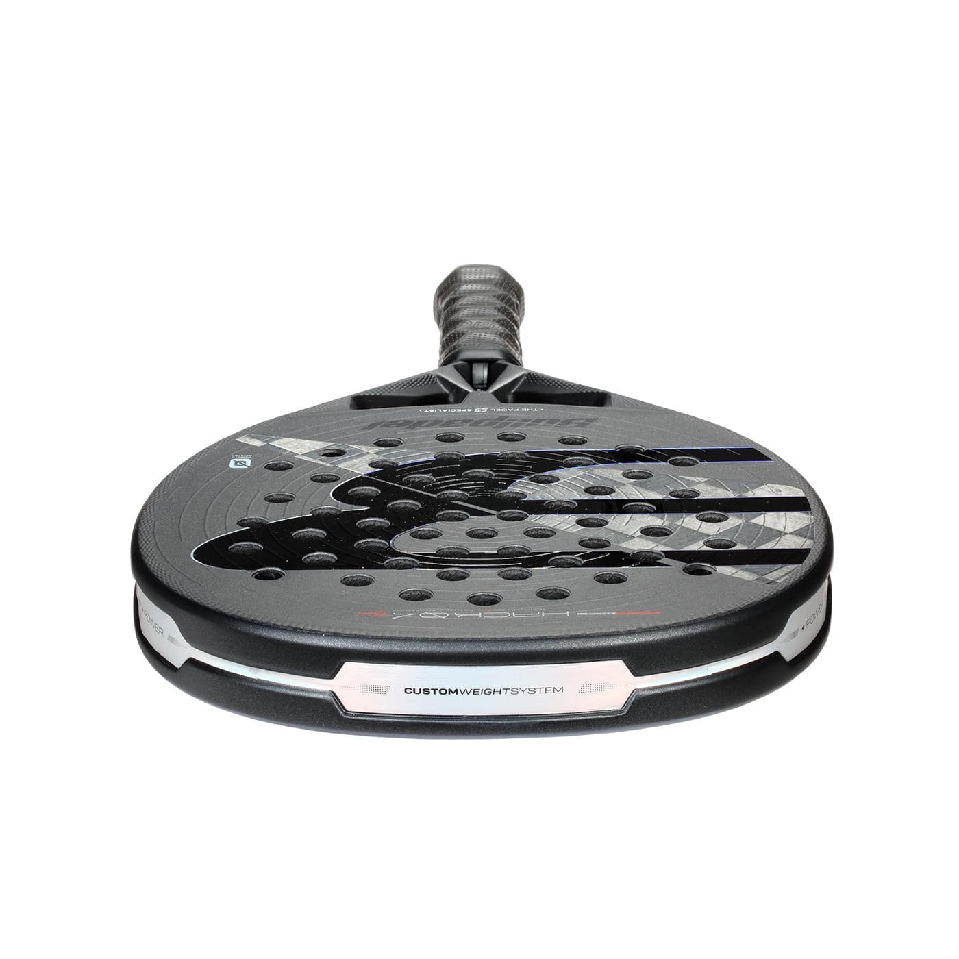The Bullpadel HACK 04 Hybrid 2026 Padel Racket in grey and black is angled on a white background, showcasing its perforated face, textured surface, handle, and unique design details that emphasize the brand's dynamic power.