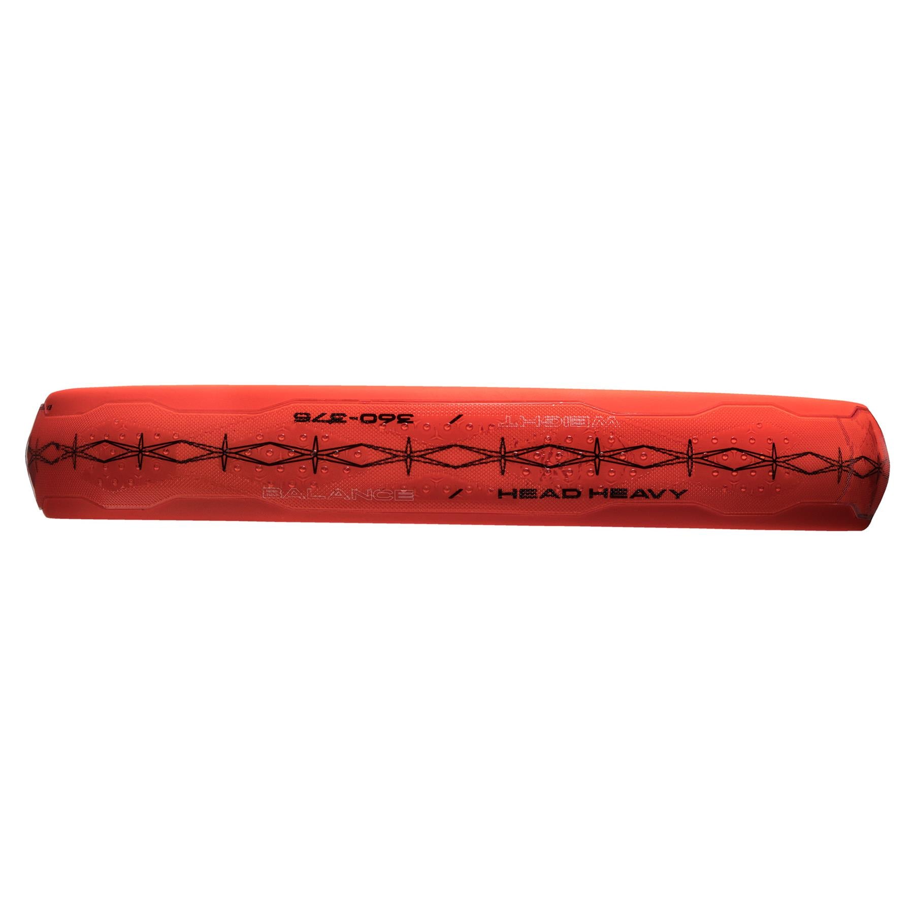 Red racket grip with black patterns and text that reads "HEAD HEAVY" and "350-375," designed for power and spin, similar to the precision of the ADIDAS Cross It Padel Racket.