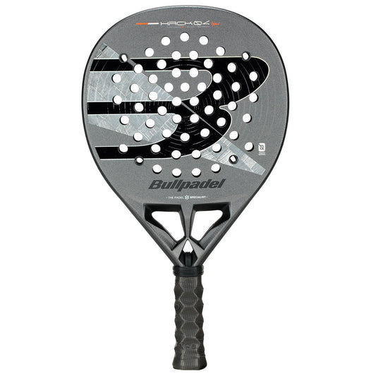 The Bullpadel HACK 04 Hybrid 2026 Padel Racket in grey and black features dynamic power, circular face perforations, and a textured black handle for enhanced grip.