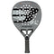 The Bullpadel HACK 04 Hybrid 2026 Padel Racket in grey and black features dynamic power, circular face perforations, and a textured black handle for enhanced grip.
