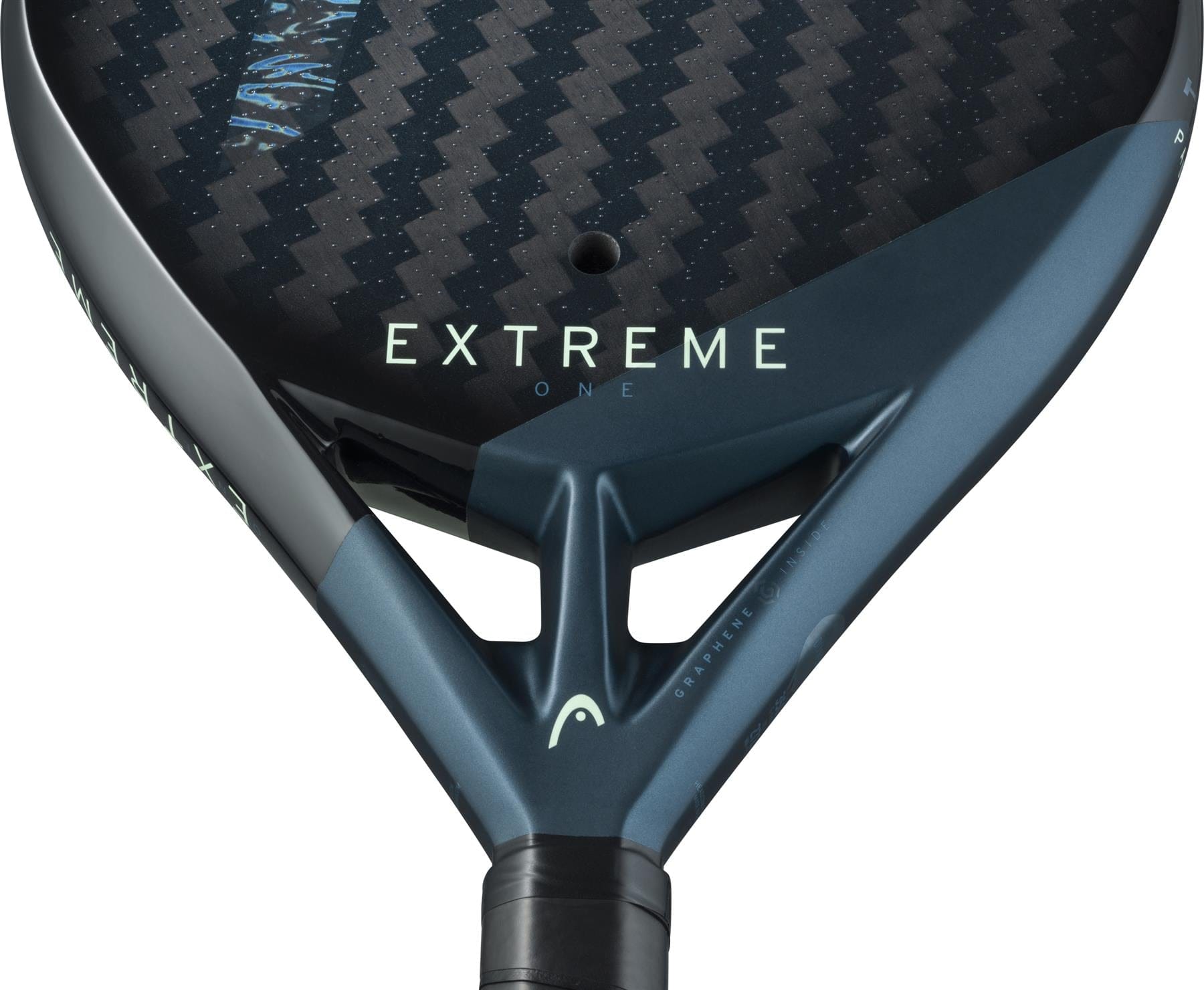 Close-up of the upper part of the HEAD Extreme One 2025 Padel Racket - Black / Blue, showcasing its blue and black 12K Carbon Fibre pattern. "EXTREME" is printed in white, with the HEAD logo by the handle and Extreme Spin technology featured.
