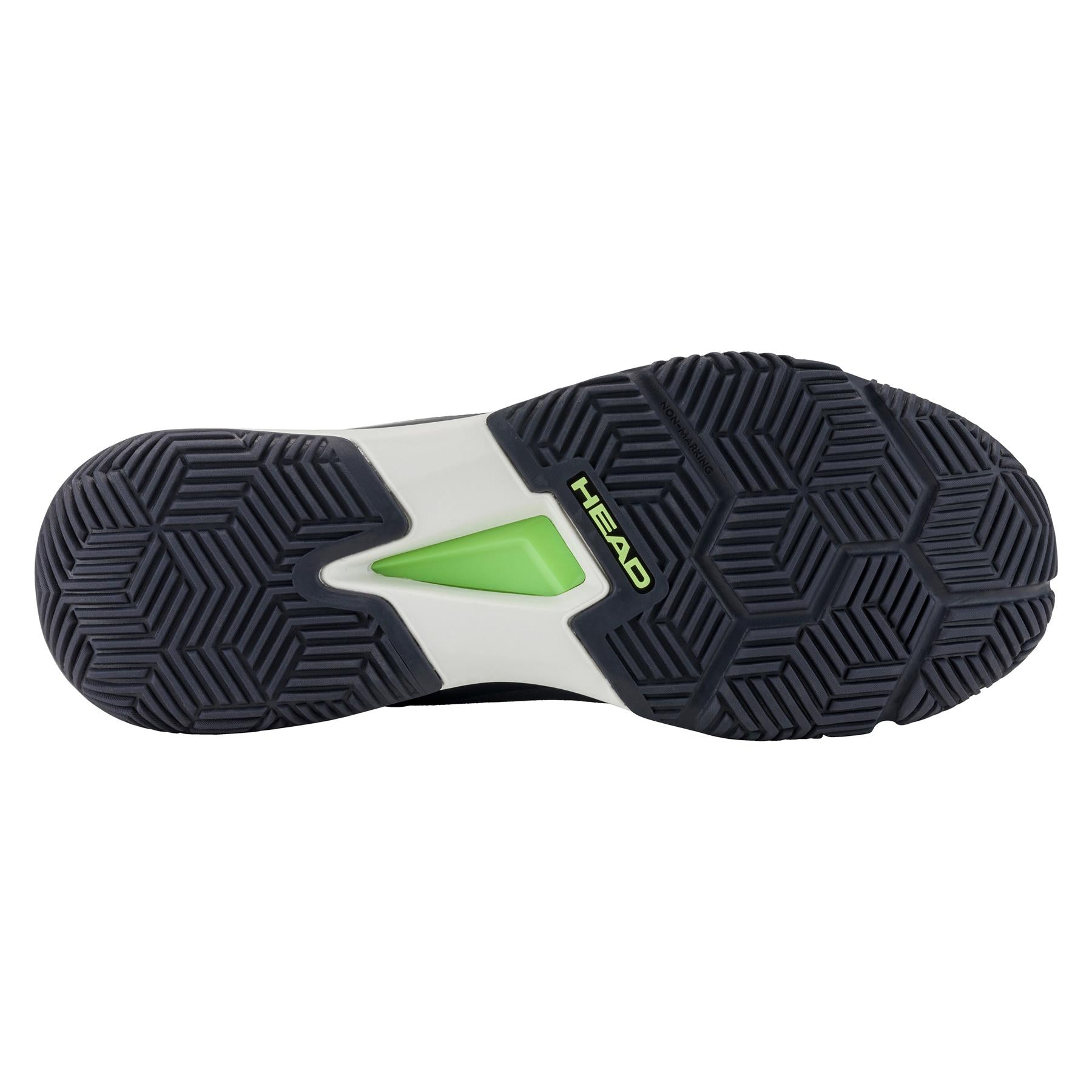 The image features the sole of the HEAD Motion Team Mens Padel Shoes in black with a hexagonal tread for 360-degree grip. It includes a white section with a green triangle at the center and "HEAD" printed boldly, offering superior lateral control on the court.