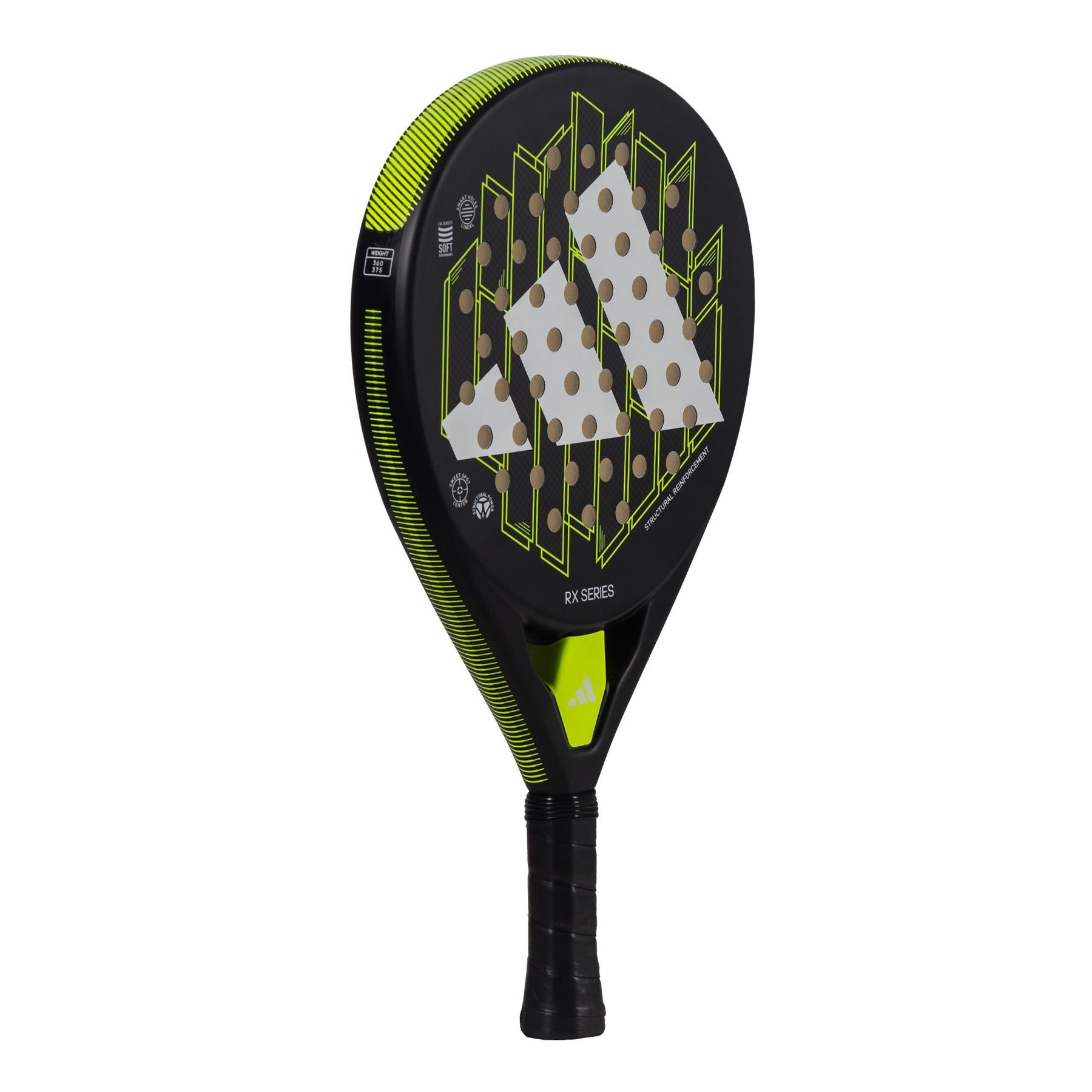 Close-up image of a black adidas RX Series Padel Racket - Lime with yellow and green details, featuring a geometric pattern on the surface and a logo near the handle grip. Its fiberglass construction offers enhanced durability for those intense matches.