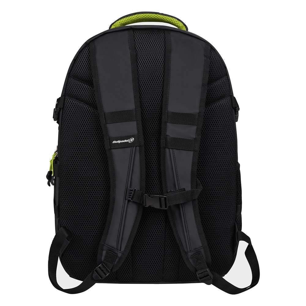 The Bullpadel BPM26022 XPLO Padel Backpack - Black is shown from the back, with padded mesh straps, an adjustable sternum strap, a textured back panel, and a lime green top handle. Inspired by Martín Di Nenno, it's an ideal racket bag from Bullpadel.