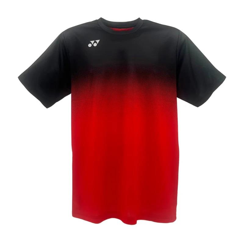 The Yonex YTM5 Men's Padel T-Shirt in red/black features a small white logo near the left shoulder and is made from moisture-wicking polyester, offering a lightweight and comfortable design.