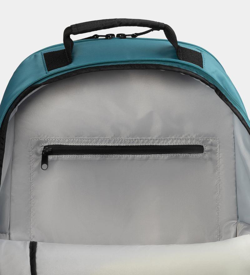 The Dunlop SX Club Badminton Backpack, in teal, black, and yellow, features comfortable straps, a black handle, and offers racket storage in a small zippered pocket on the inside back panel. Its design is simple and functional with a light gray interior.