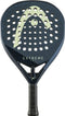 The HEAD Extreme Pro 2025 Padel Racket - Blue has a black and dark blue perforated round face, Extreme Spin technology, a yellow curved design, and a black textured grip.
