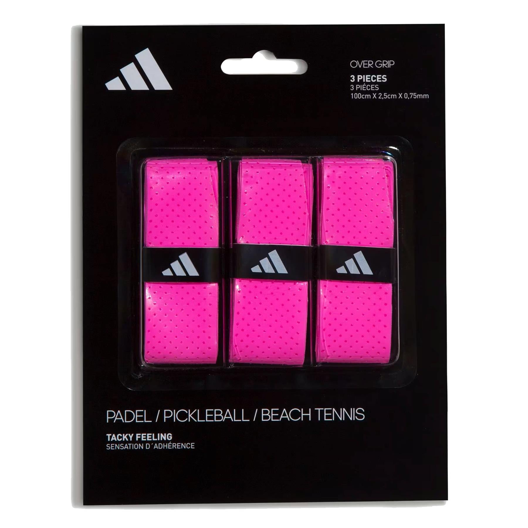 A black pack with white adidas branding contains three bright pink ADIDAS Padel Overgrips (3 Pack) - Pink, each with small perforations for comfort and performance in padel, pickleball, and beach tennis.