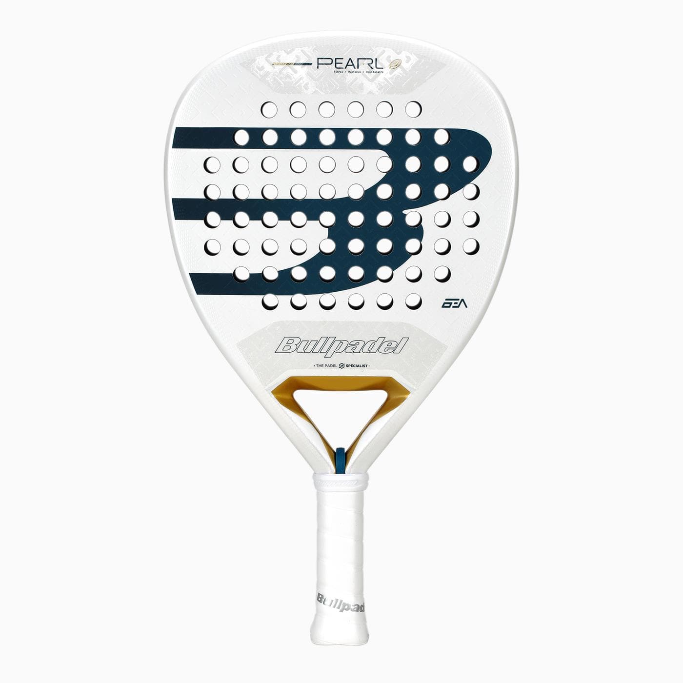 The Bullpadel Pearl 2026 Padel Racket – White is a lightweight racket with a bold black "B," circular holes, gold accent near the throat, and white grip—designed for performance and injury prevention. "Pearl" appears at the top.