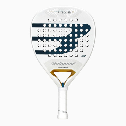 The Bullpadel Pearl 2026 Padel Racket – White is a lightweight racket with a bold black "B," circular holes, gold accent near the throat, and white grip—designed for performance and injury prevention. "Pearl" appears at the top.