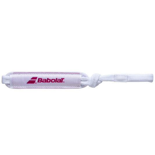 A Babolat Padel Wrist Strap - White Pink is shown against a simple background. It showcases the Smart Buttcap technology and includes a knotted end with an adjustable loop for easy wrist attachment, providing versatile use with compatible rackets.