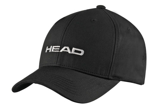 Introducing the HEAD Promotion Cap - Black by HEAD, designed with a prominent "HEAD" embroidered in white on the front. This black cotton cap features a curved brim, detailed stitching accents, and an adjustable velcro strap for optimal comfort.