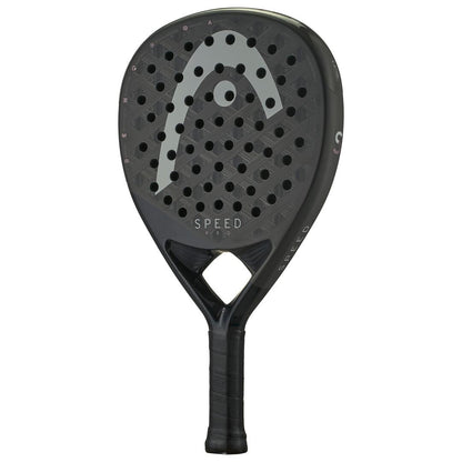 The HEAD Speed Pro 2025 Padel Racket in black features Auxetic 2.0 technology, a perforated surface, textured grip handle, "SPEED" branding near the large "H" logo, a handling loop, and Power Foam to enhance your game.