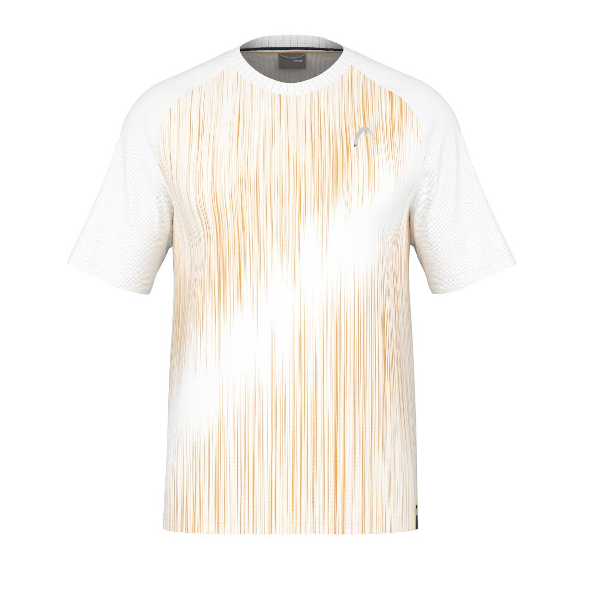 The HEAD Performance Men's Padel T-Shirt - XPWH is a white T-shirt showcasing a pattern of thin vertical beige lines on the front. It features a round neckline and short sleeves, accented with a small HEAD logo near the left shoulder. Additionally, it incorporates Moisture Transfer Microfibre technology to enhance comfort.