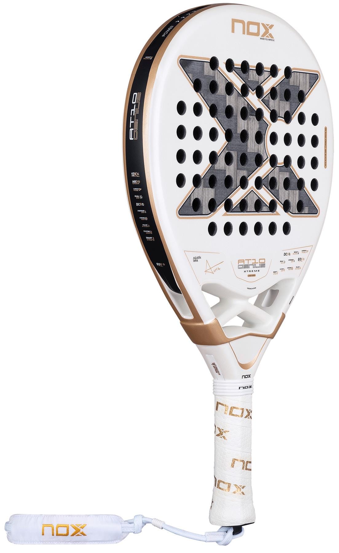 The NOX AT10 Genius 12K Alum Extrem By Agustín Tapia 2026 Padel Racket features a white and gold design, bold black X on the face, multiple perforations, and a handle wrapped with the NOX logo.