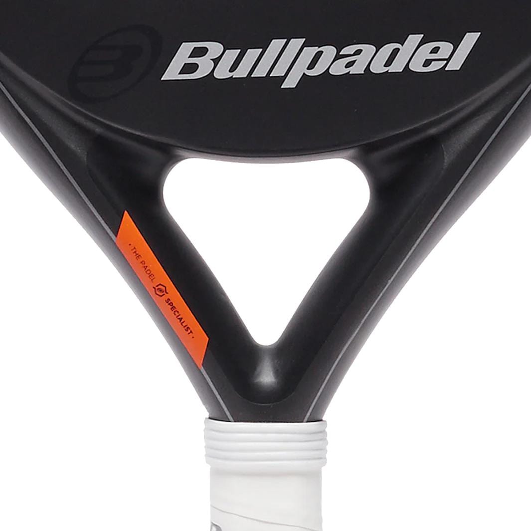 Close-up of the Bullpadel Open Control 2025 Padel Racket by Bullpadel, highlighting the area above the handle with visible branding and an orange detail near the triangular throat—ideal for beginners.