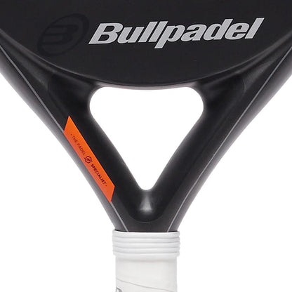 Close-up of the Bullpadel Open Control 2025 Padel Racket by Bullpadel, highlighting the area above the handle with visible branding and an orange detail near the triangular throat—ideal for beginners.