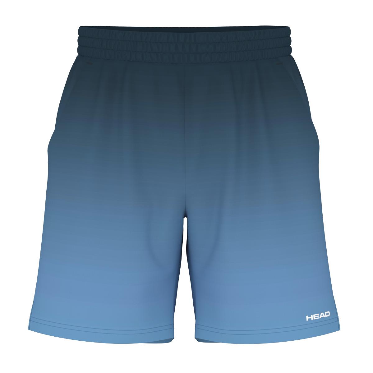 These men's sports shorts, named the HEAD Vision Power II by HEAD, boast an elastic waistband and a stylish gradient design that shifts from a darker navy at the top to a lighter blue at the bottom. Engineered for optimal comfort, they feature Moisture Transfer Microfiber technology and display the "HEAD" logo on the lower right leg.