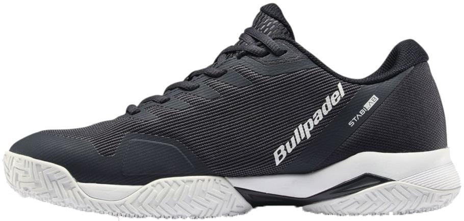 The Bullpadel Icon 26V Men's Padel Shoes in navy feature a white sole, textured grip outsole, and Bullpadel logo with "Icon 26V" on the side—lightweight and ideal for padel enthusiasts.