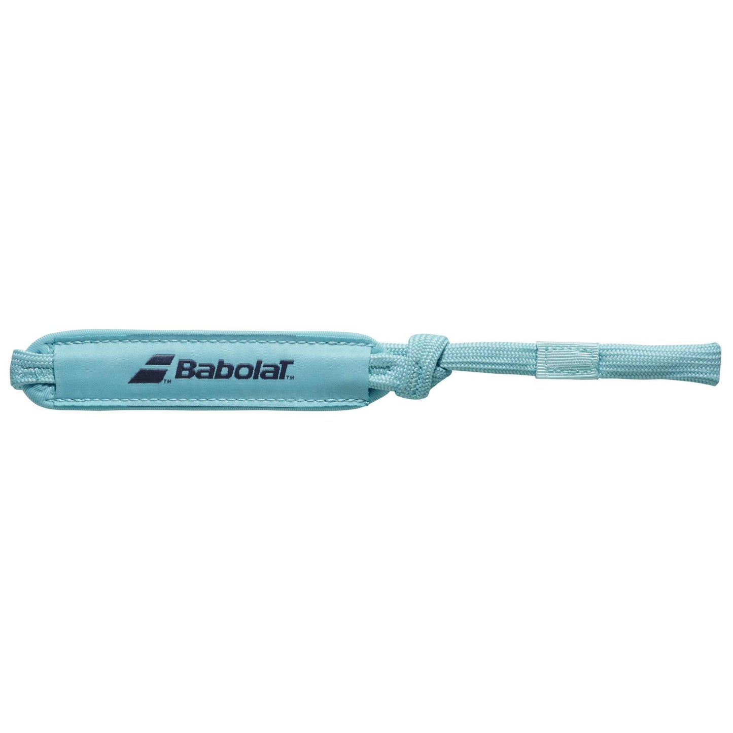 Turquoise blue wrist strap featuring the "Babolat" logo in dark blue, specifically designed for Babolat rackets. The Babolat Padel Wrist Strap includes a padded strap with a braided loop at one end for secure attachment and utilizes Smart Buttcap technology for easy removal.