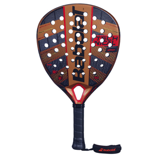 A Babolat Technical Veron padel racket features a perforated, teardrop-shaped face for dynamic power in striking copper and black tones. Enhanced by Carbon Flex technology, the handle is black and includes a wrist strap for secure play.