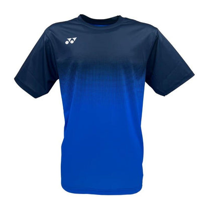 Discover the Yonex YTM5 Men's Padel T-Shirt, available in Royal/Navy. Made from moisture-wicking polyester, this stylish athletic shirt features short sleeves and a gradient design transitioning from dark to light blue, complete with a subtle logo on the right chest.