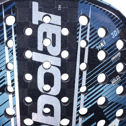 Close-up of the Babolat Air Viper 2.6 Padel Racket by Babolat in blue and black, showing its circular hole pattern and surface texts: “16K Carbon,” “3D,” “Vibrasorb System,” and “Holes Pattern System.”.