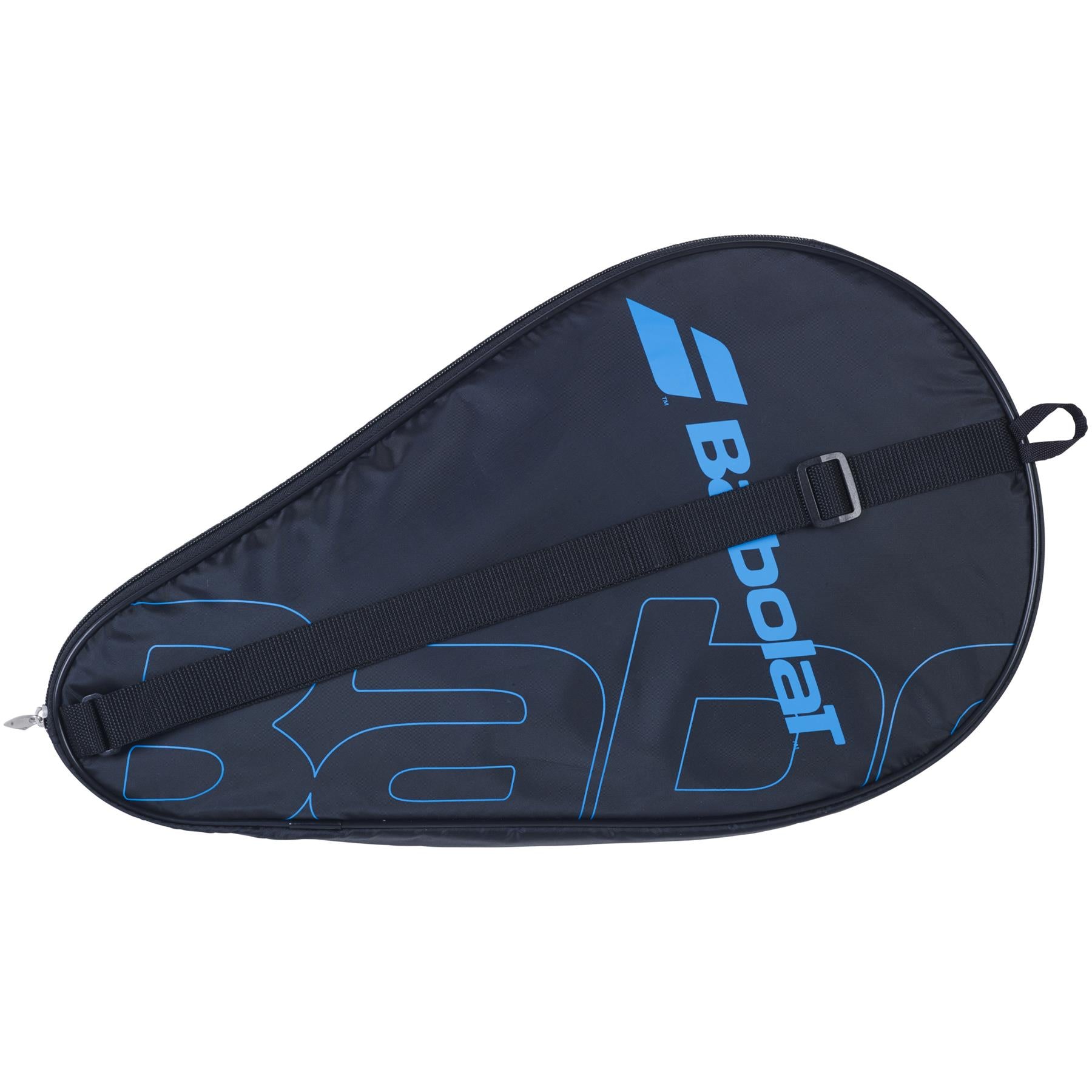 The Babolat Padel Racket Cover in black and blue showcases a sleek design with the signature Babolat logo and an adjustable shoulder strap. Its streamlined, zippered construction is ideal for protecting your padel racket.