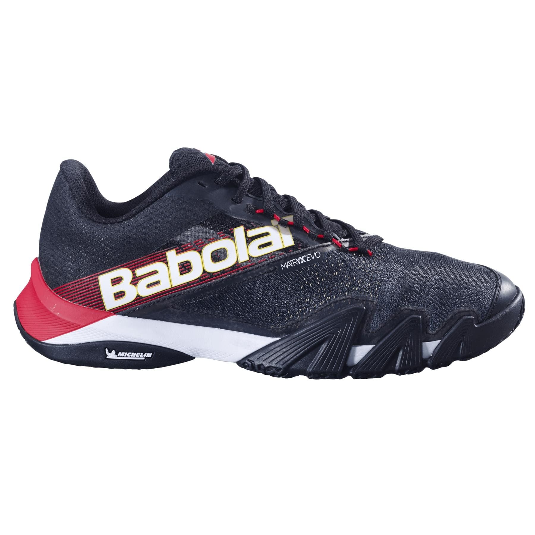 The Babolat Jet Premura 2 Men's Padel Shoes in Black/Tomato Red feature a white logo, textured material, low-cut design, and a durable Michelin Padel rubber sole for superior grip on court.