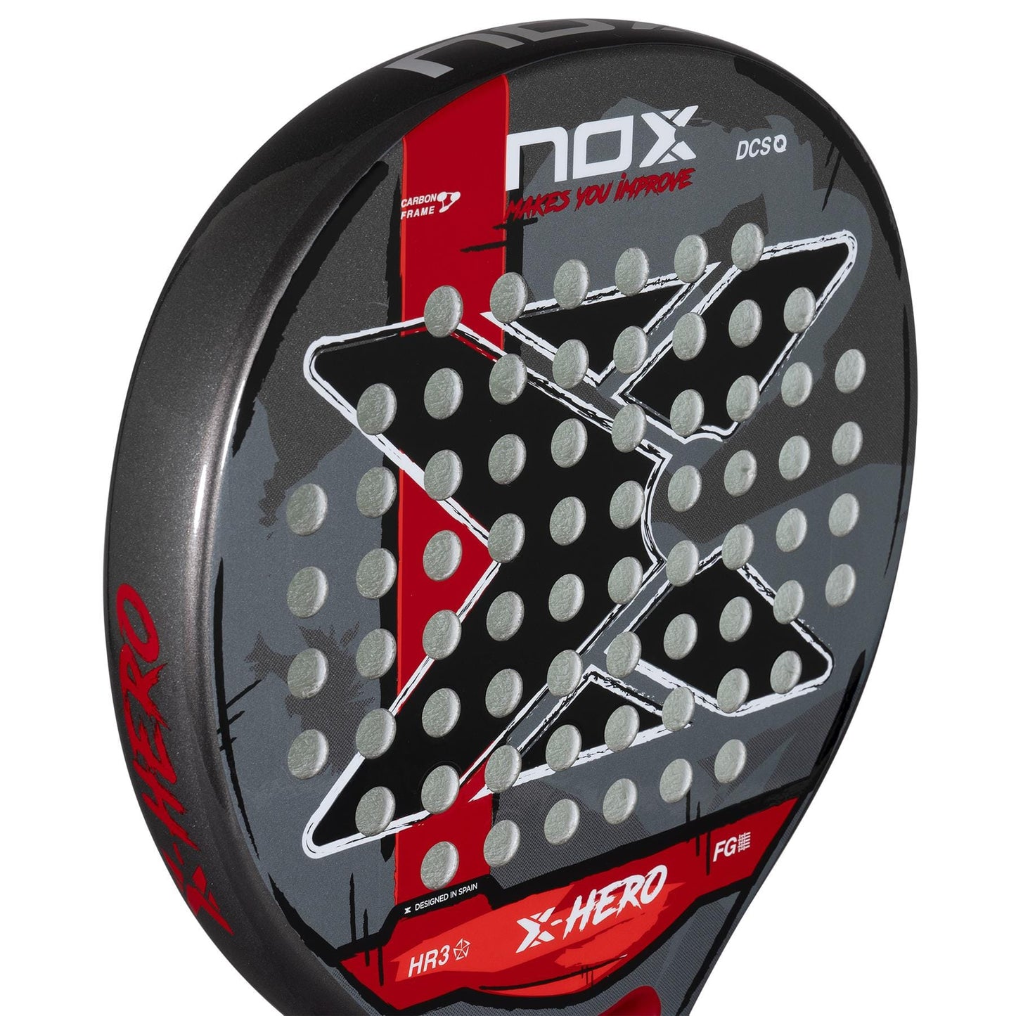 A close-up of the NOX X-Hero Red Padel Racket by NOX, designed for beginners, showcases its black, red, and gray color scheme with a large stylized "X" and multiple circular holes for improved control and precision.