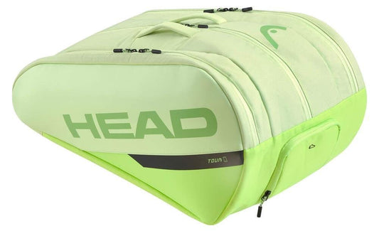 The HEAD Tour Padel Bag L - SG by HEAD is a large, light green bag featuring a handle, multiple zippered compartments, climate control technology, and a bold HEAD logo on the side.