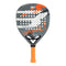 The Bullpadel Ionic Power 2025 Padel Racket features a sleek black and gray design with white diagonal stripes, vibrant orange accents, and an XFORCE System for enhanced performance. The "IONIC" branding is prominent, and the handle offers a bright orange grip tape for comfort.