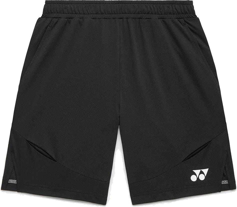 The Yonex 15239YX Knit Men's Padel Shorts in black feature an elastic waistband, side pockets, and a small white Yonex logo on the lower right leg. These lightweight shorts offer a simple, sporty design ideal for active play.