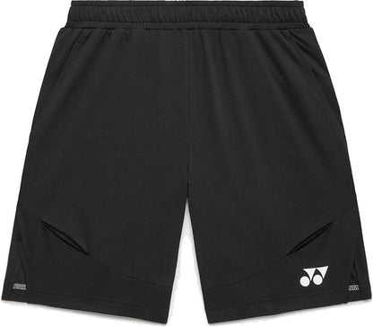 The Yonex 15239YX Knit Men's Padel Shorts in black feature an elastic waistband, side pockets, and a small white Yonex logo on the lower right leg. These lightweight shorts offer a simple, sporty design ideal for active play.