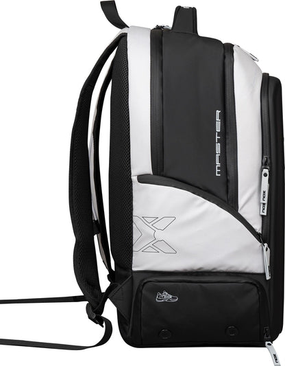 The NOX Luxury Master Series Padel Backpack - Black / White by NOX is shown from the side, displaying padded shoulder straps, several zippered compartments, and "MASTER" printed vertically—a stylish choice for padel or as a racket bag.