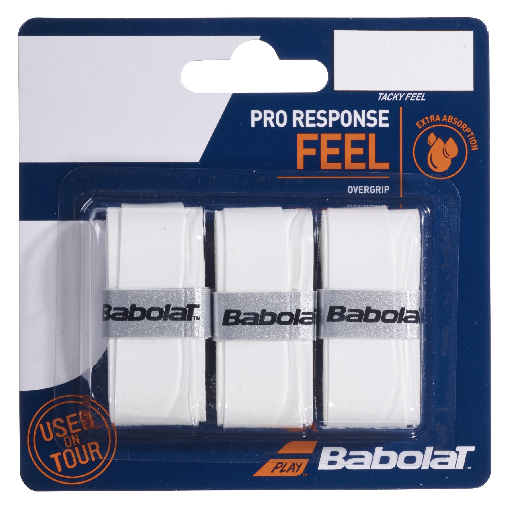 The packaging of the Babolat Pro Response Padel Overgrips X3 in white displays three highly absorbing overgrips with prominent branding. It emphasizes features such as "extra absorption" and "tacky feel," and includes a "used on tour" label, making it an ideal choice for players looking for a thin, tacky overgrip.