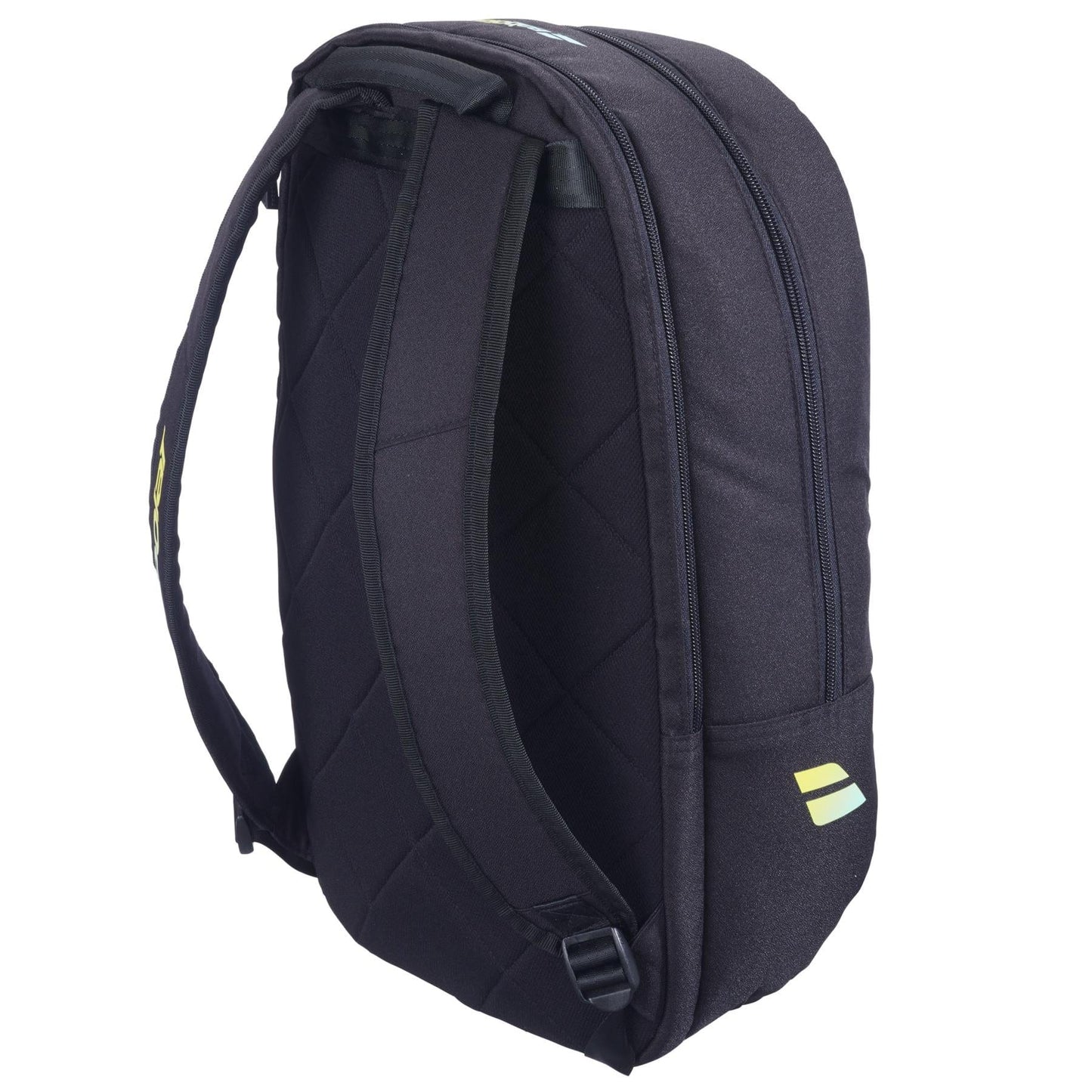 The Babolat Court Lite Padel Backpack - Black / Multi by Babolat offers quilted padding, a dedicated racket compartment, thick shoulder straps, two zippered sections, and stylish yellow and blue accents.